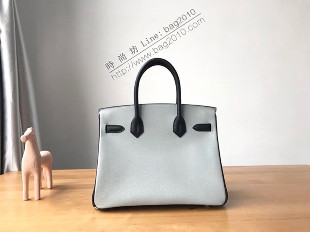 Hermes女包 愛馬仕經典款Birkin包 冰川灰拼黑色 銀扣 Hermes鉑金拼色手提女包  am2057